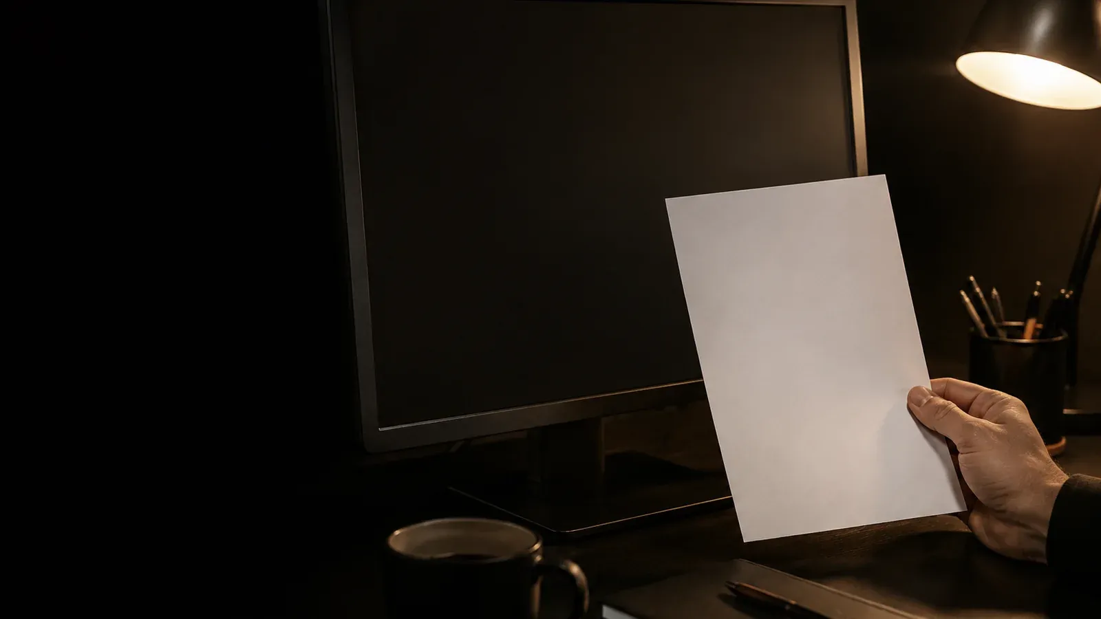 A hand holding up a blank sheet of paper beside a dark monitor and a lamp.