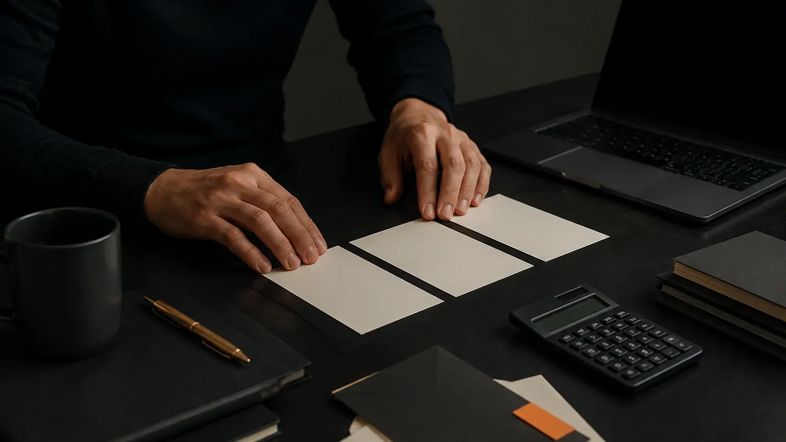 Hands laying out sheets of paper beside a calculator and a pen on a dark desk.