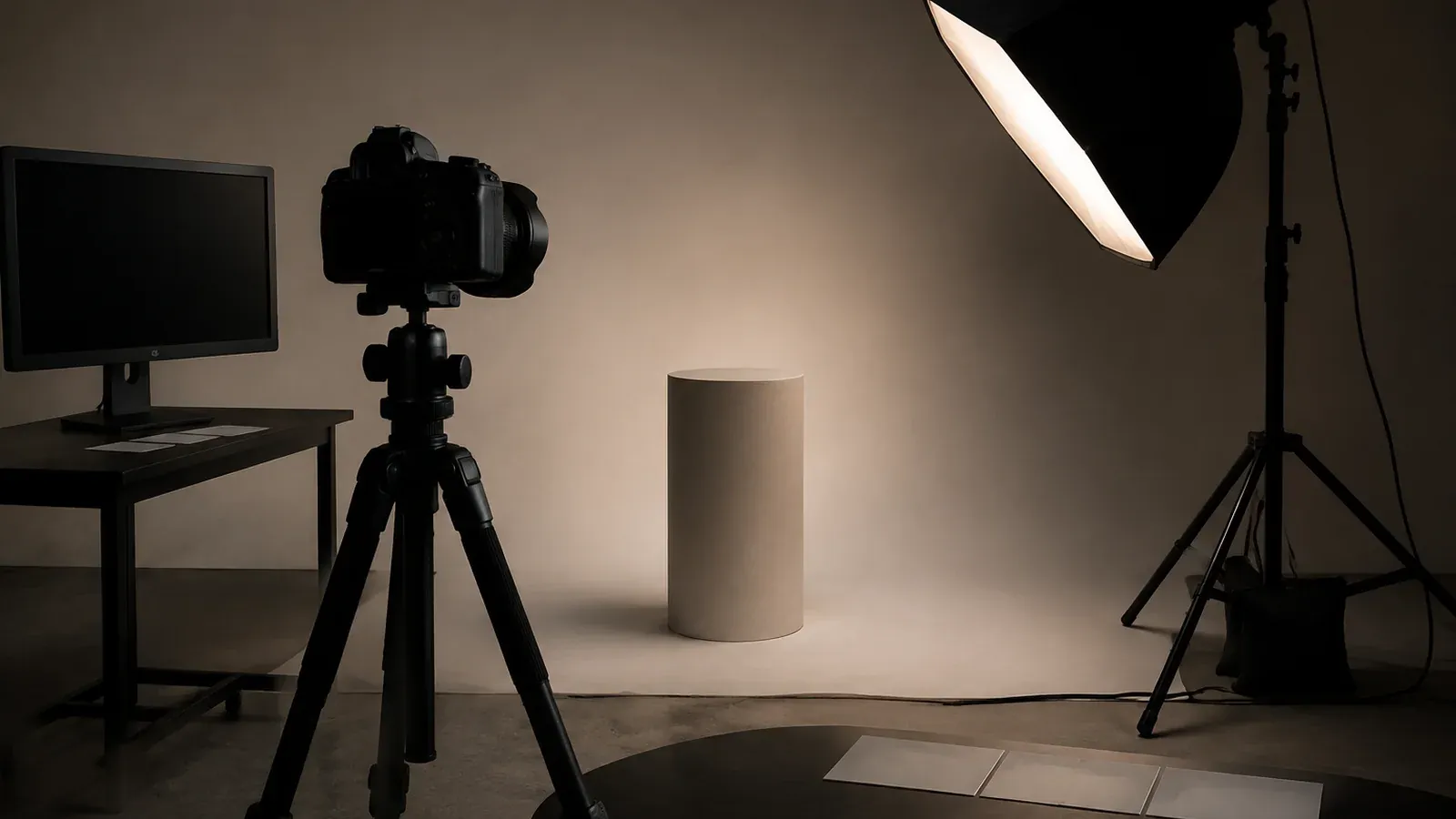 A small studio set up for a shoot: a camera on a tripod, a softbox and a pale plinth.